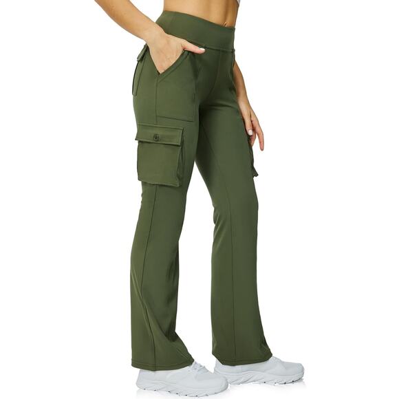 Casei Pants - NWT Yoga Flare Leggings Women High Waisted Casual Pants Cargo 6 Pockets Green